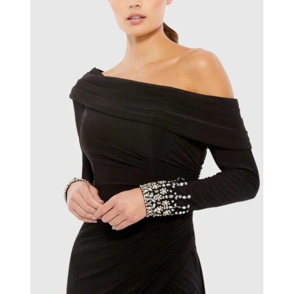 Black One Shoulder Long Sleeve Midi Dress Embellished Cuff Party Cocktail - Picture 2 of 3